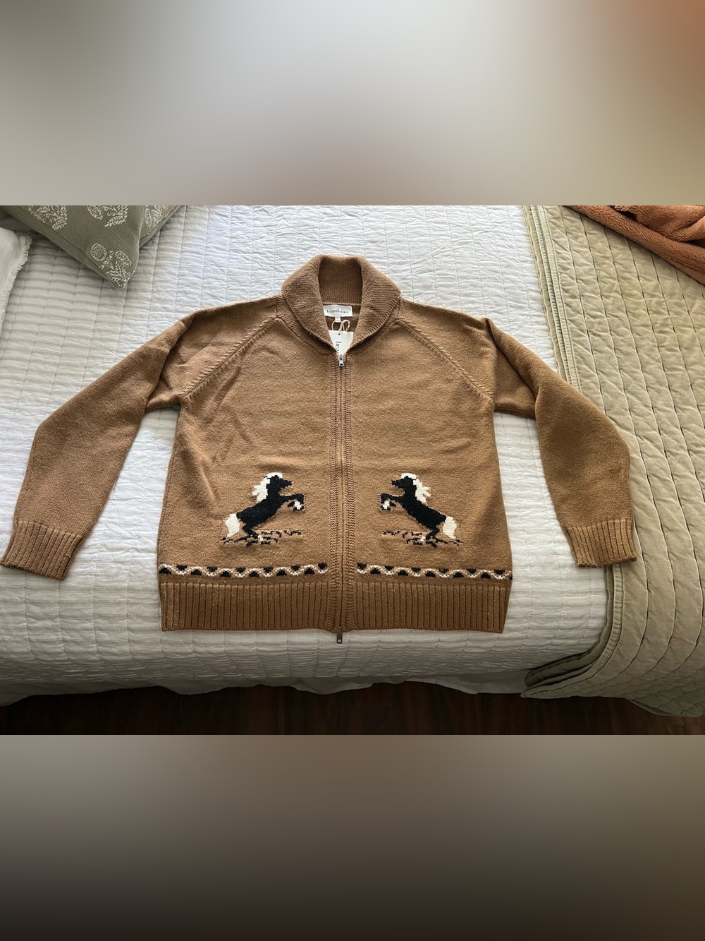 Heartloom Brown Zip-Up Sweater with Horse Intarsia